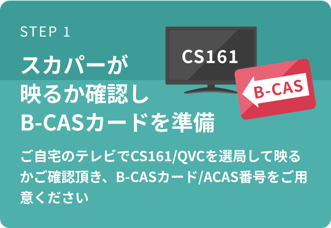 STEP 1 スカパーが映るか確認しB-CASカードを準備 ご自宅のテレビでCS161/QVCを選局して映るかご確認頂き、B-CASカード/ACAS番号をご用意ください